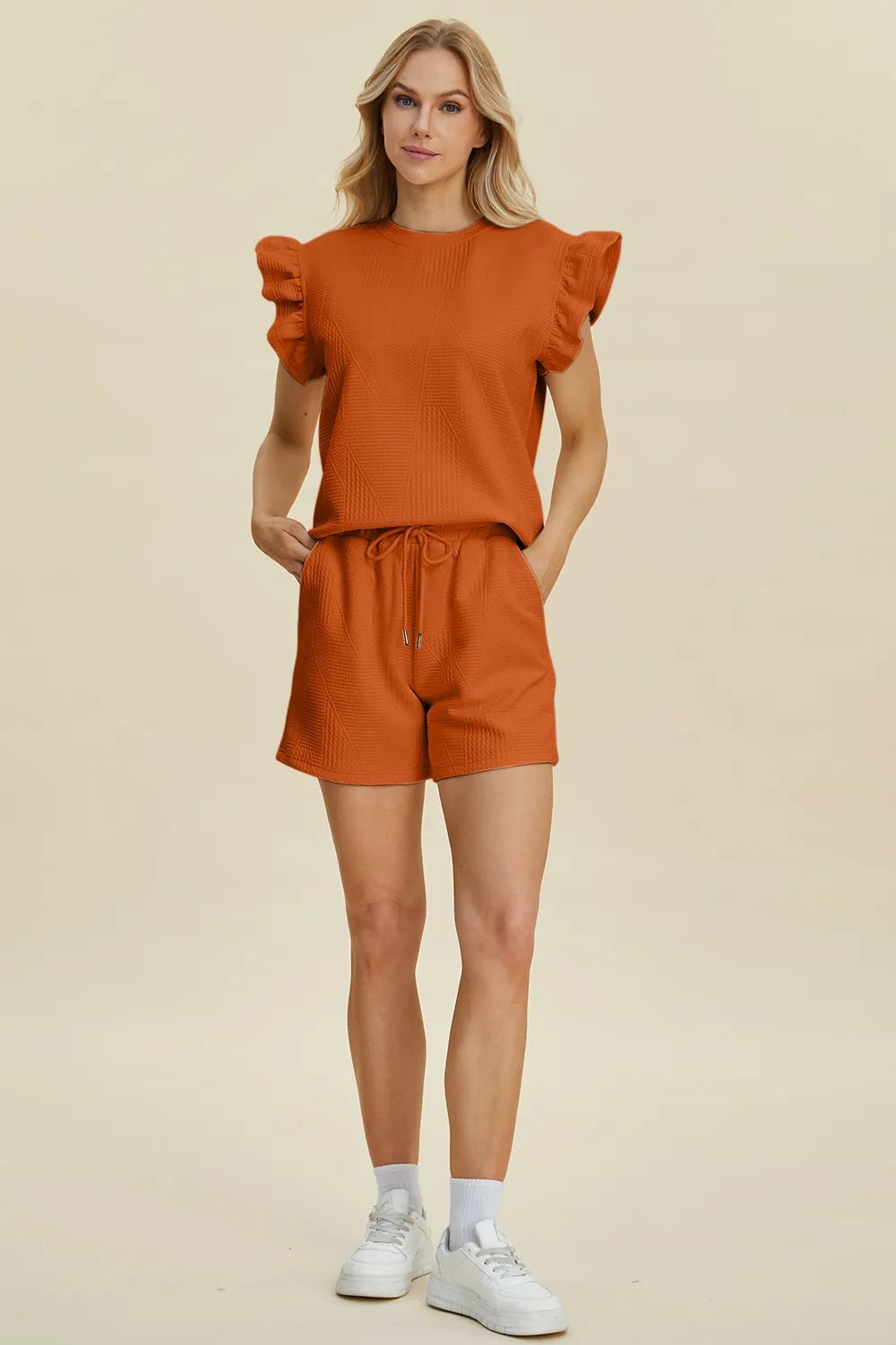 Double Take Full Size Texture Round Neck Ruffle Sleeve Top and Shorts Set - NORIVE