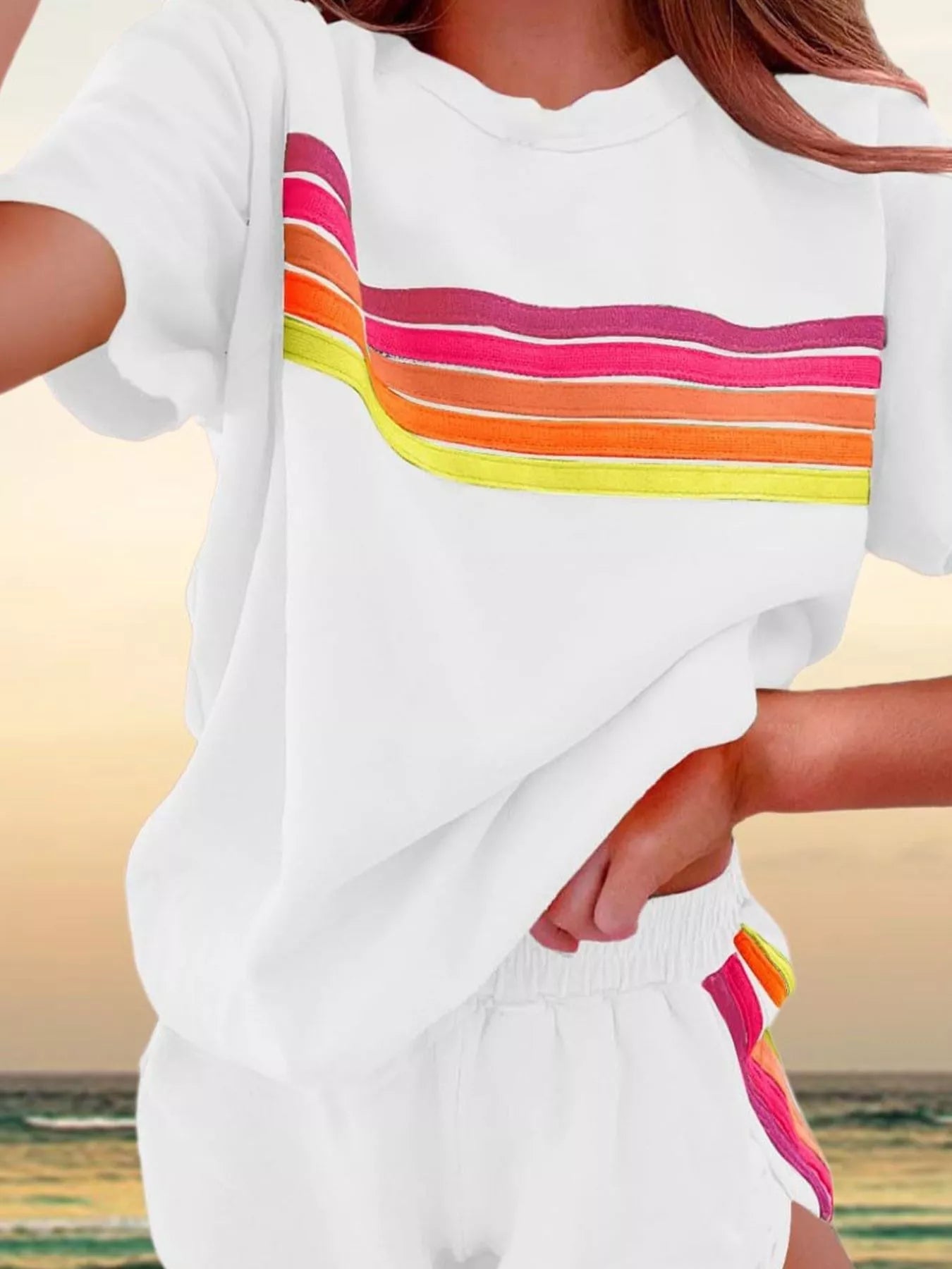 Rainbow Striped Round Neck Top and Shorts Set - NORIVE