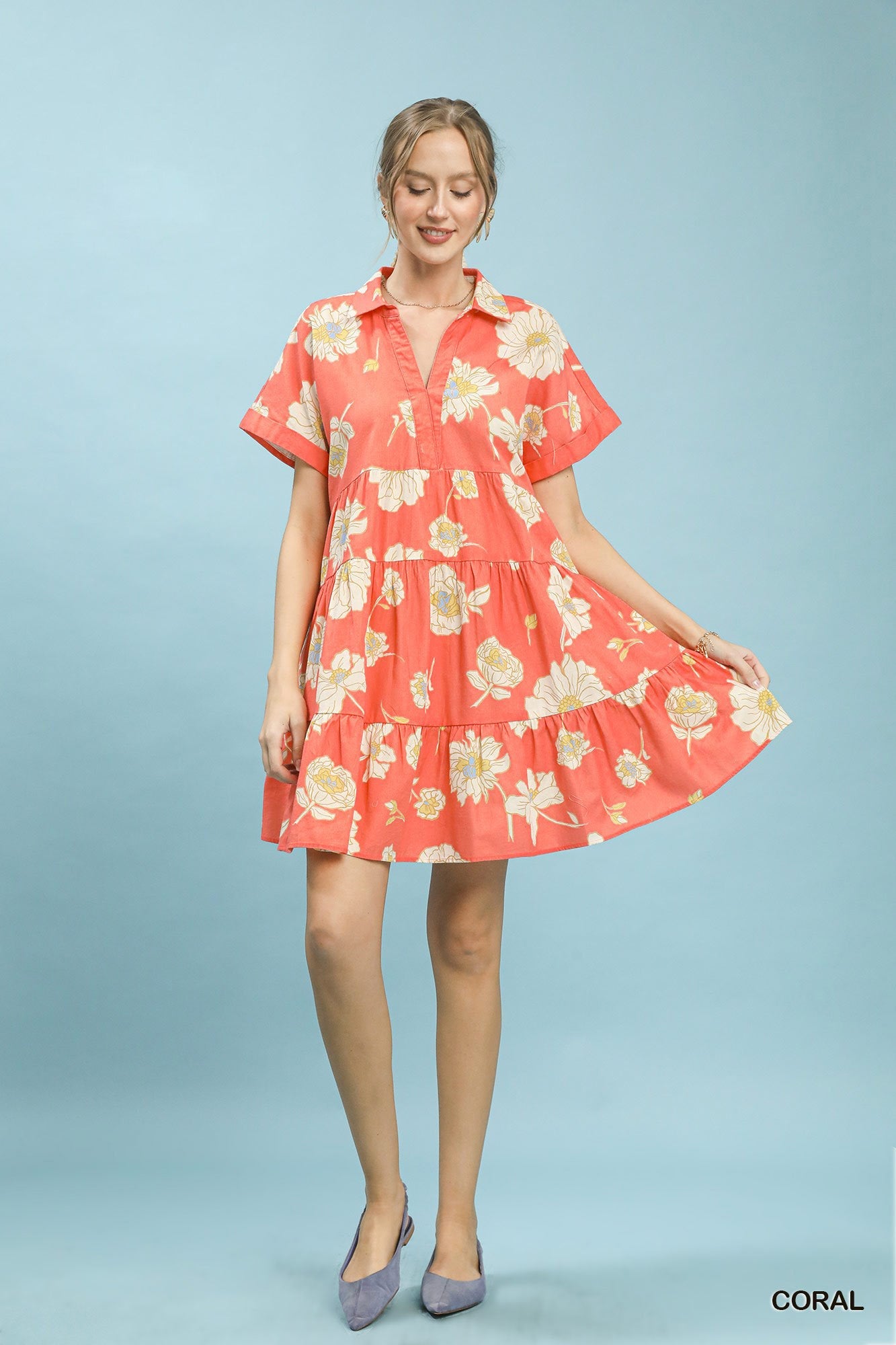 Umgee Floral Tiered Collared Babydoll Dress - NORIVE