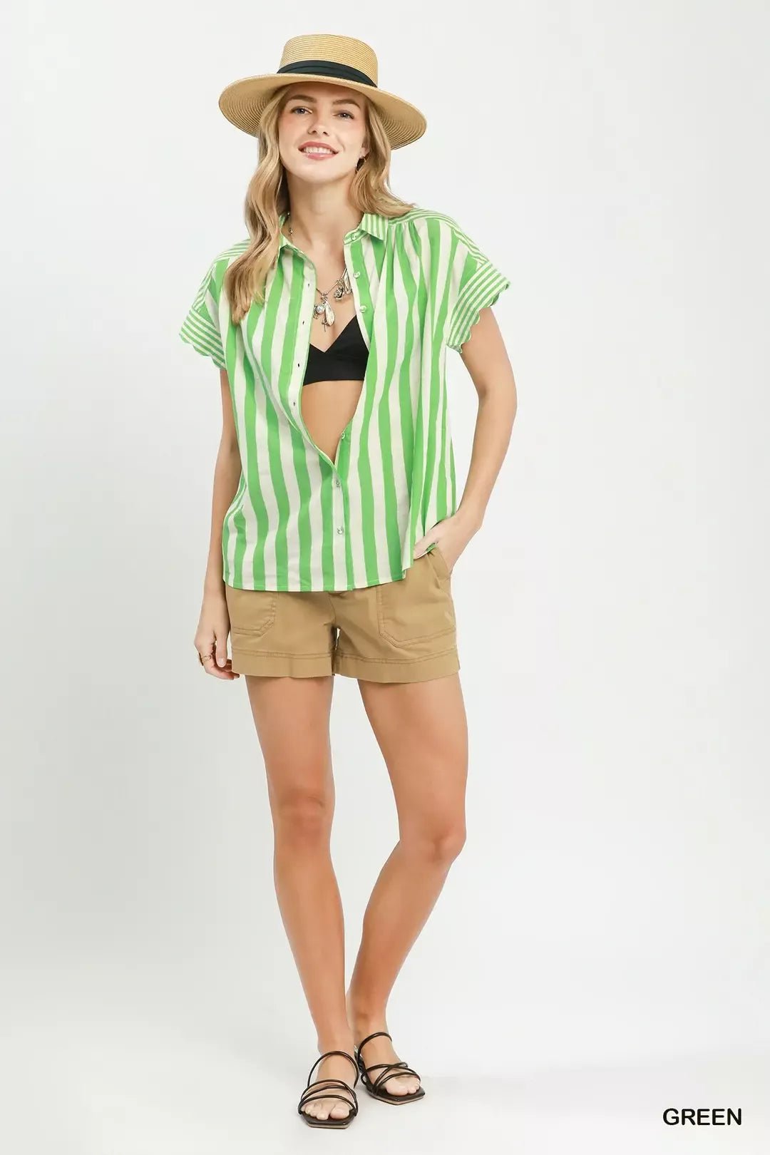 Umgee Striped Button Front Flutter Sleeve Top - NORIVE