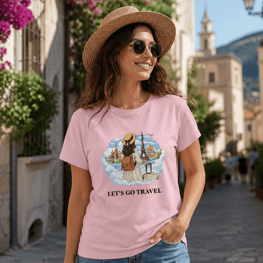 Woman wearing NORIVE travel graphic tee outdoors