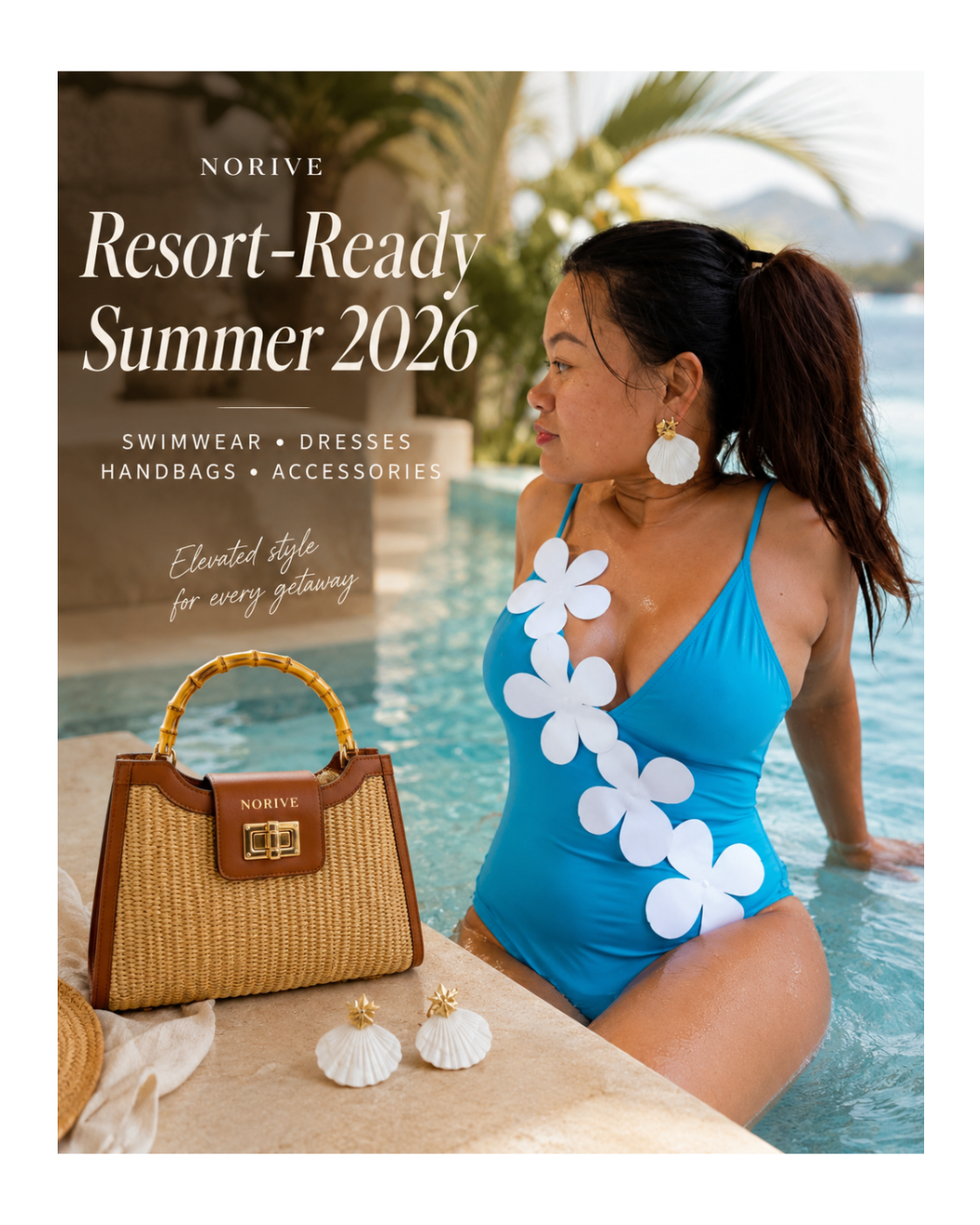 model wearing earring and blue swimsuit