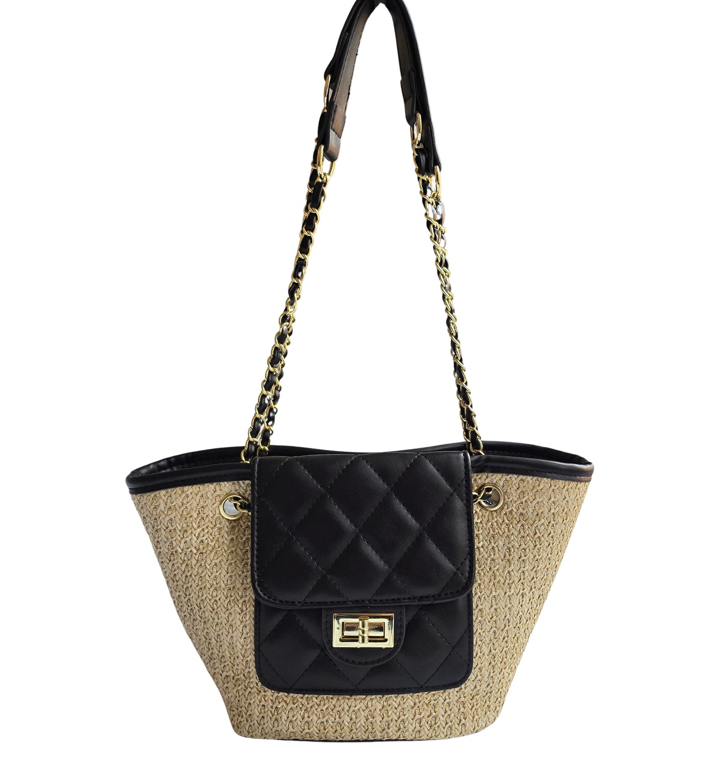 Women's Black Quilted Straw Shoulder Tote Bag – Woven Summer Handbag with Gold Chain