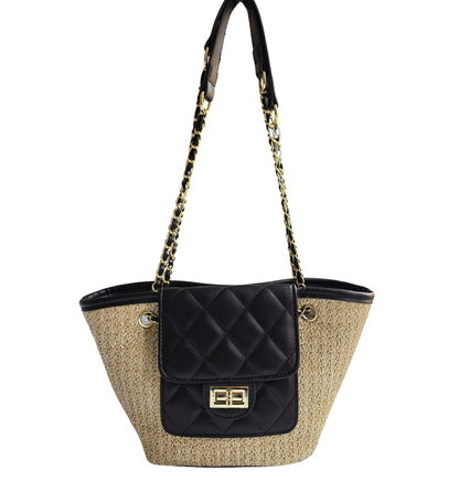 Women's Black Quilted Straw Shoulder Tote Bag – Woven Summer Handbag with Gold Chain