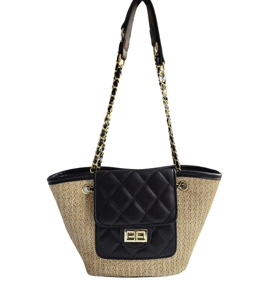 Women's Black Quilted Straw Shoulder Tote Bag – Woven Summer Handbag with Gold Chain