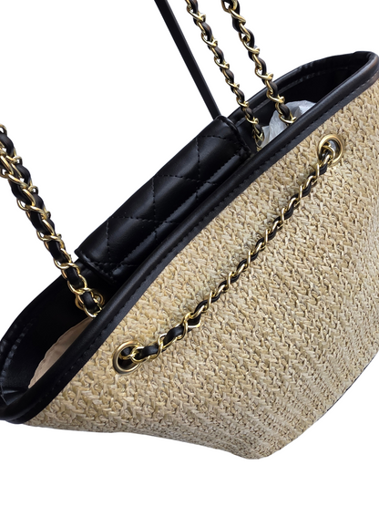 Women's Black Quilted Straw Shoulder Tote Bag – Woven Summer Handbag with Gold Chain