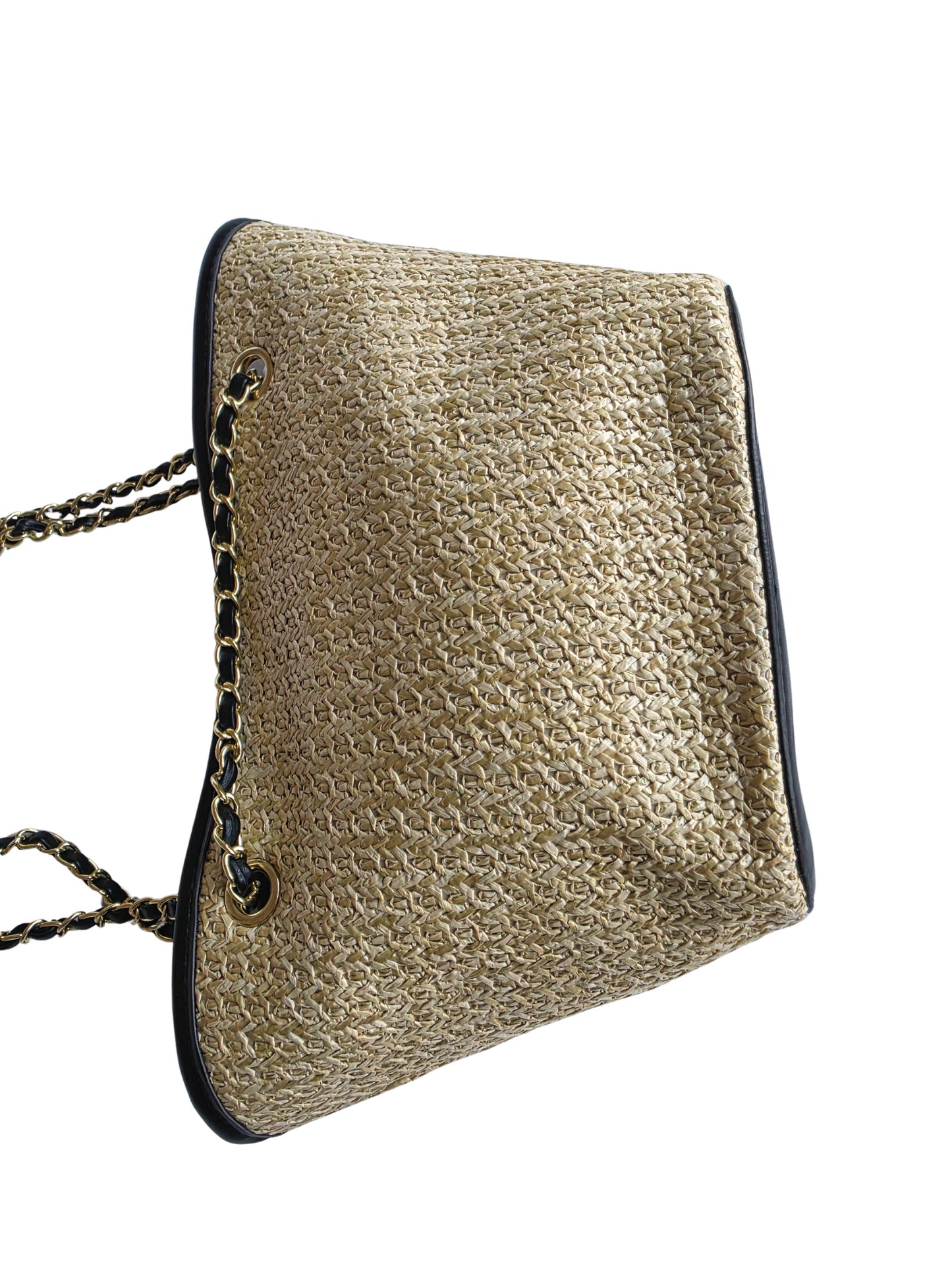 Women's Black Quilted Straw Shoulder Tote Bag – Woven Summer Handbag with Gold Chain