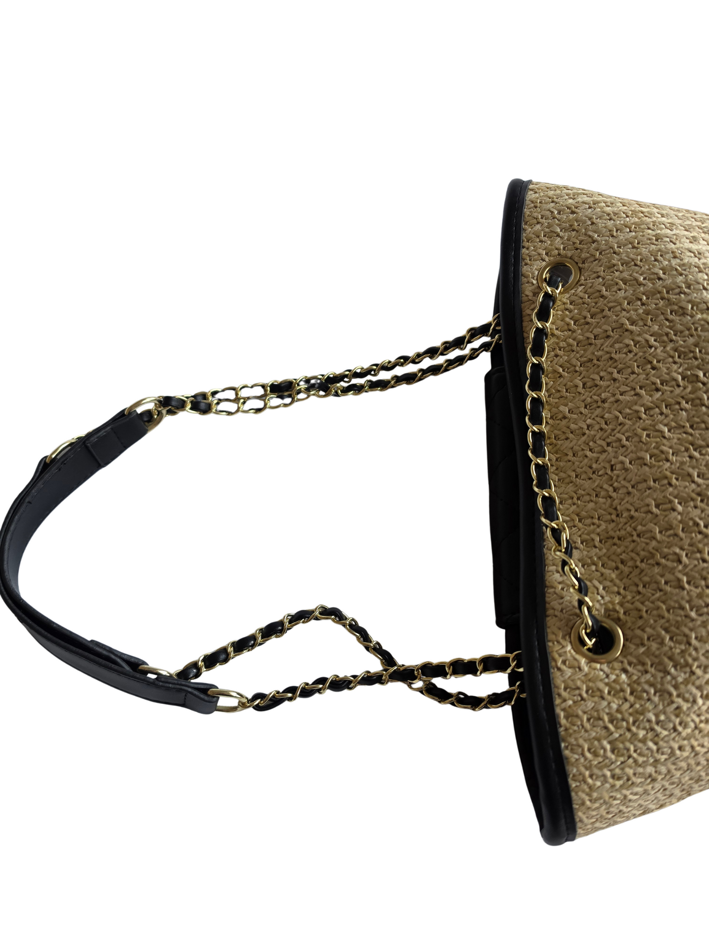 Women's Black Quilted Straw Shoulder Tote Bag – Woven Summer Handbag with Gold Chain