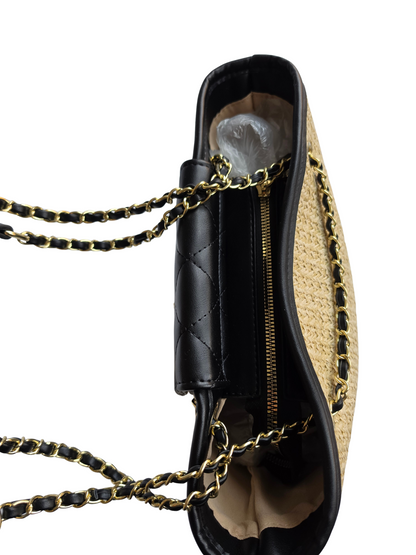 Women's Black Quilted Straw Shoulder Tote Bag – Woven Summer Handbag with Gold Chain
