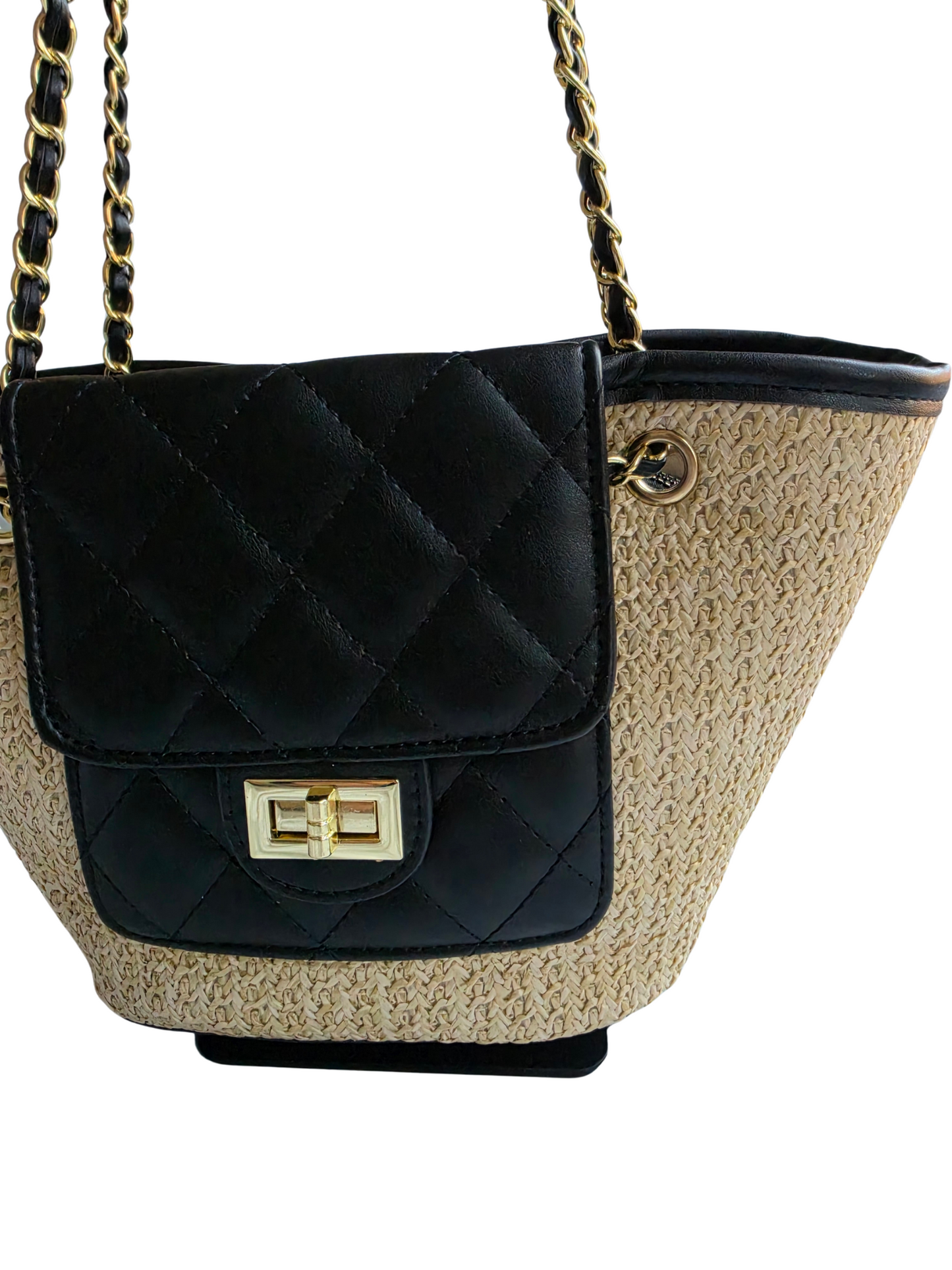 Women's Black Quilted Straw Shoulder Tote Bag – Woven Summer Handbag with Gold Chain