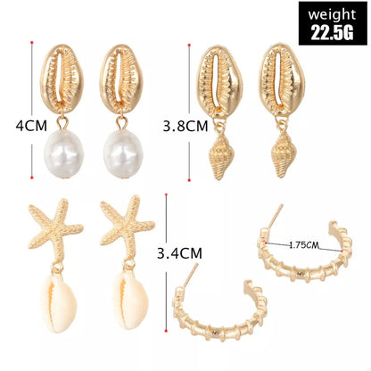 4 Pair 18K Gold - Plated Shell Minimalist Earrings - NORIVE