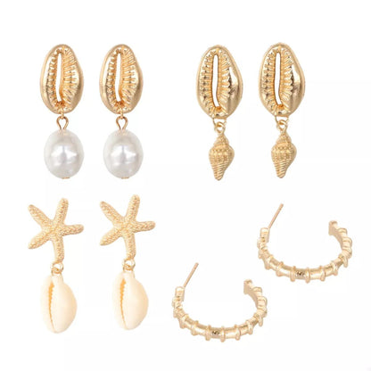 4 Pair 18K Gold - Plated Shell Minimalist Earrings - NORIVE