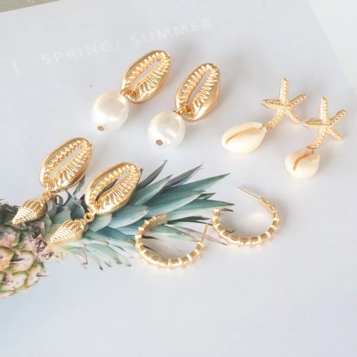 4 Pair 18K Gold - Plated Shell Minimalist Earrings - NORIVE