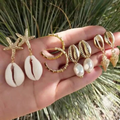 4 Pair 18K Gold - Plated Shell Minimalist Earrings - NORIVE