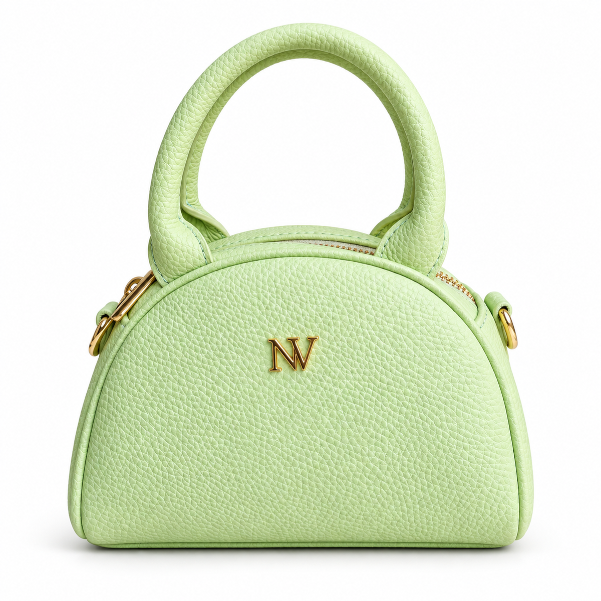 Front view of NORIVE Garden lime green mini handbag featuring a textured finish, rounded top handles, gold-tone logo, and zip closure.