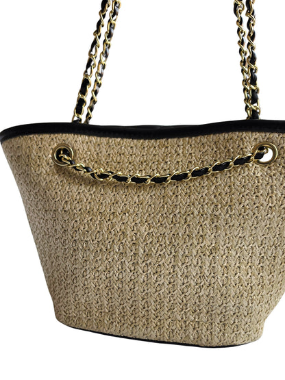 Women's Black Quilted Straw Shoulder Tote Bag – Woven Summer Handbag with Gold Chain