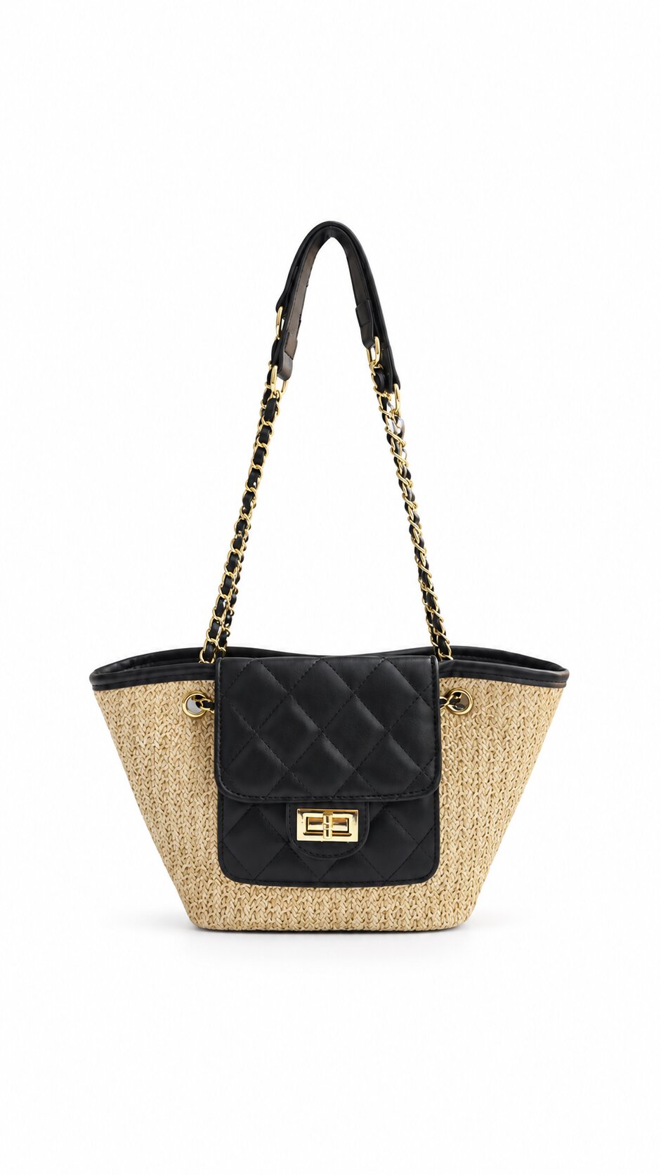 Women's Black Quilted Straw Shoulder Tote Bag – Woven Summer Handbag with Gold Chain
