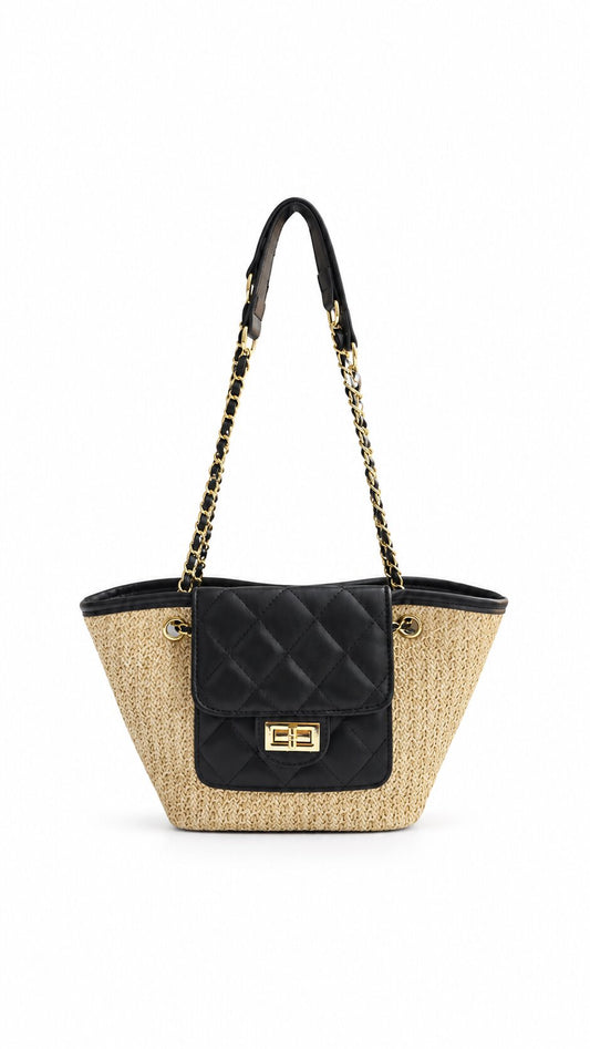 Women's Black Quilted Straw Shoulder Tote Bag – Woven Summer Handbag with Gold Chain