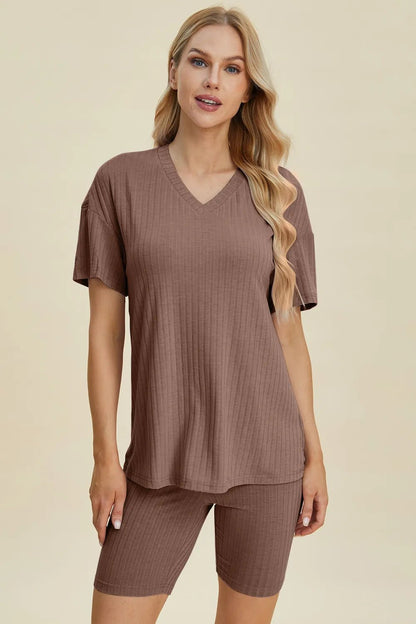 Basic Bae Full Size Ribbed V - Neck Short Sleeve Top and Shorts Set - NORIVE