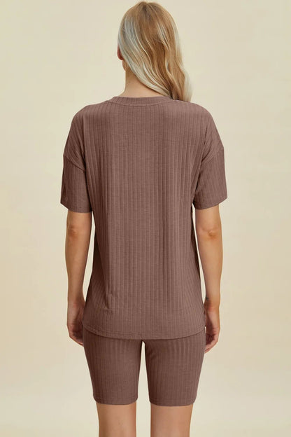 Basic Bae Full Size Ribbed V - Neck Short Sleeve Top and Shorts Set - NORIVE
