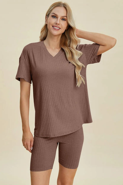 Basic Bae Full Size Ribbed V - Neck Short Sleeve Top and Shorts Set - NORIVE