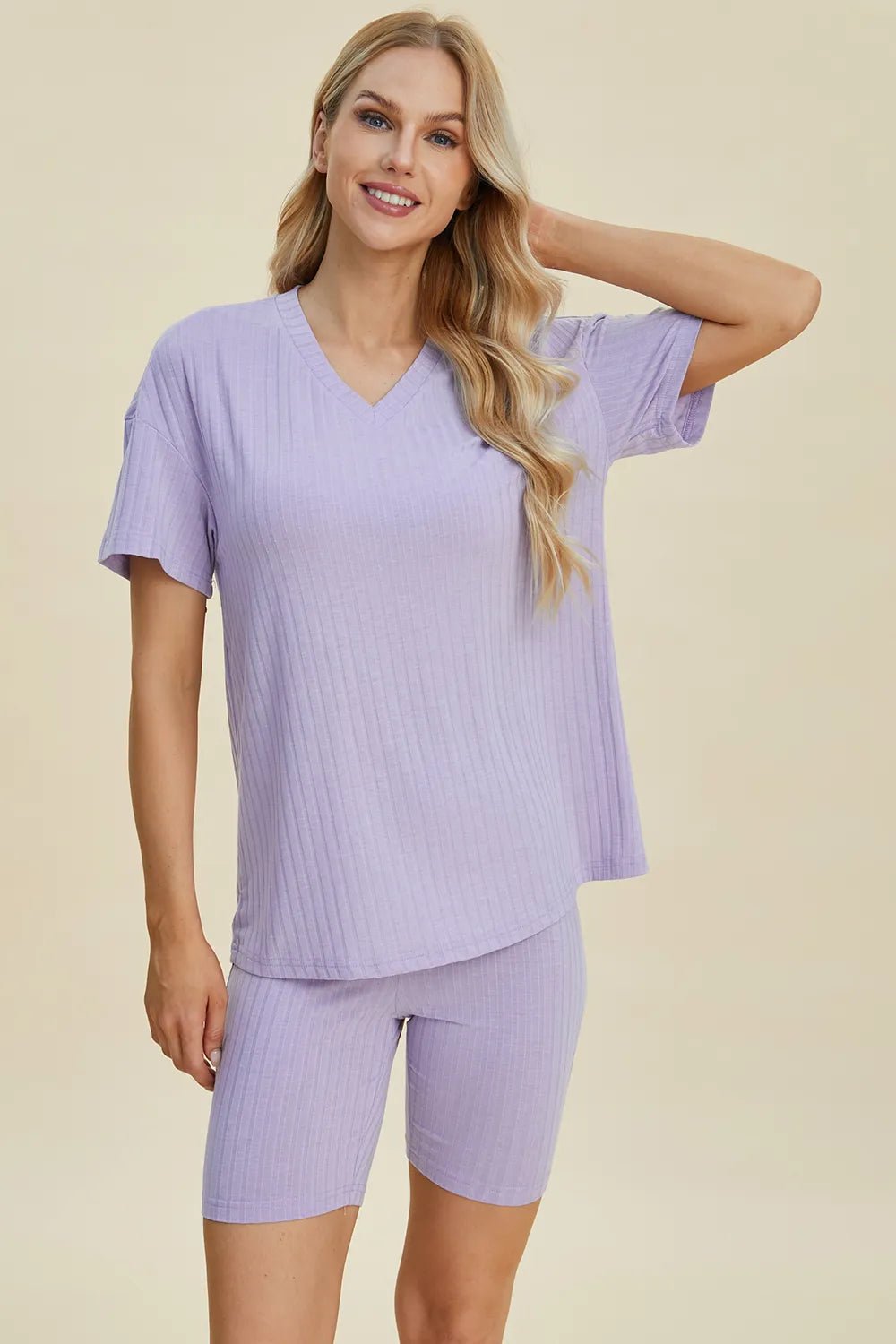 Basic Bae Full Size Ribbed V - Neck Short Sleeve Top and Shorts Set - NORIVE