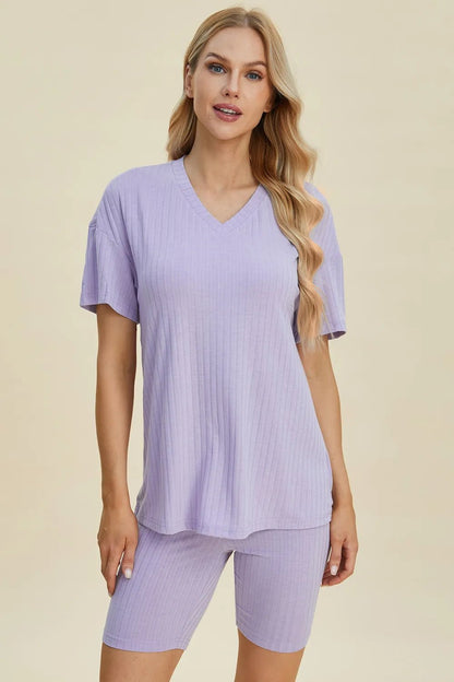 Basic Bae Full Size Ribbed V - Neck Short Sleeve Top and Shorts Set - NORIVE