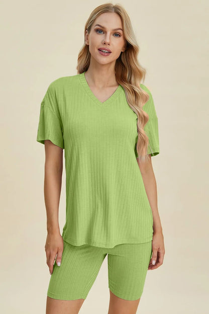 Basic Bae Full Size Ribbed V - Neck Short Sleeve Top and Shorts Set - NORIVE