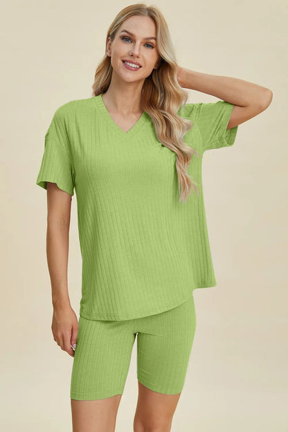Basic Bae Full Size Ribbed V - Neck Short Sleeve Top and Shorts Set - NORIVE