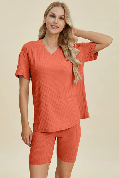 Basic Bae Full Size Ribbed V - Neck Short Sleeve Top and Shorts Set - NORIVE