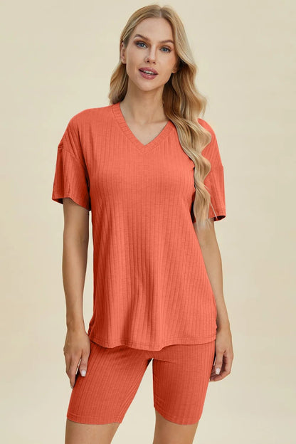 Basic Bae Full Size Ribbed V - Neck Short Sleeve Top and Shorts Set - NORIVE