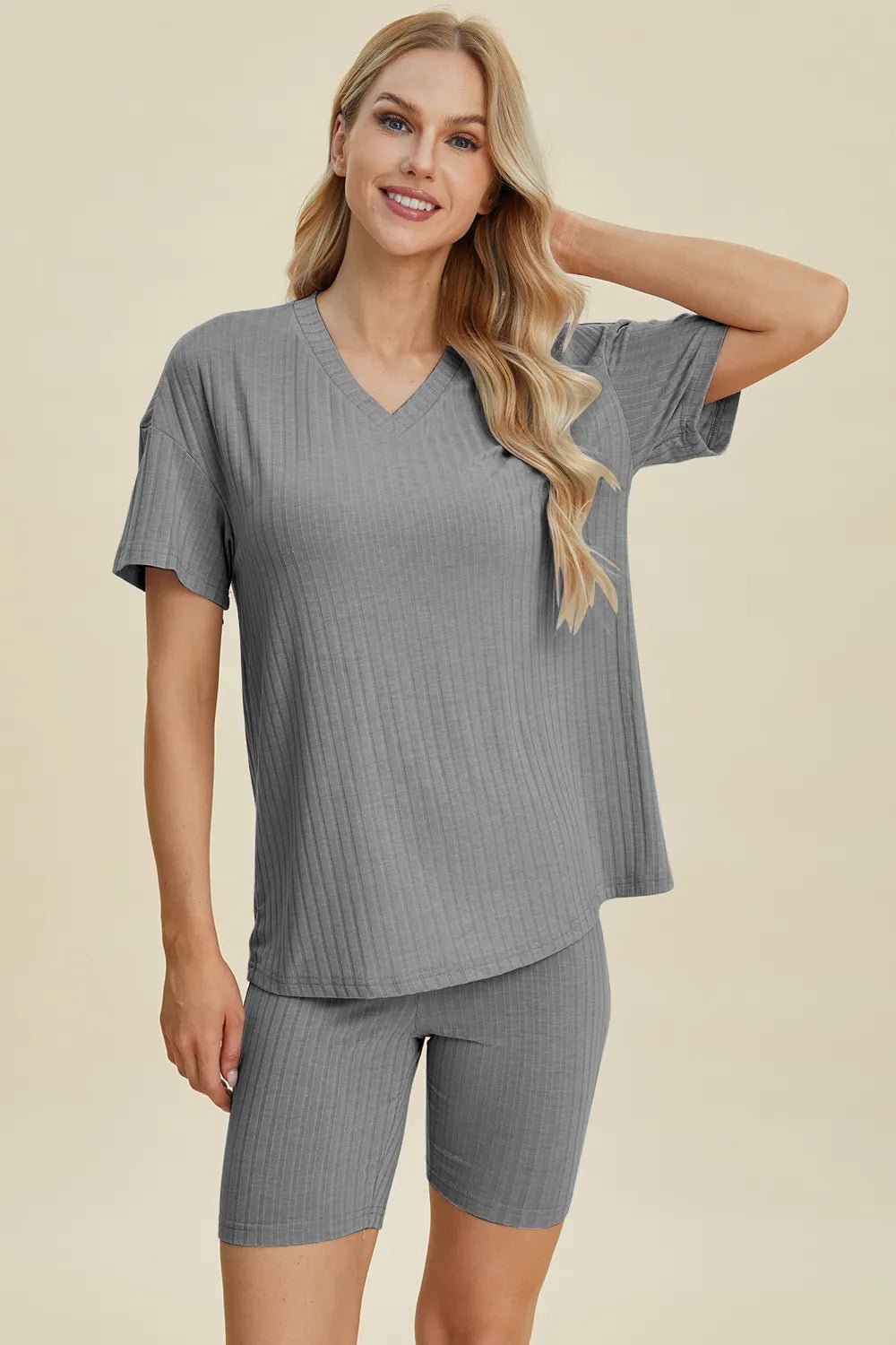 Basic Bae Full Size Ribbed V - Neck Short Sleeve Top and Shorts Set - NORIVE