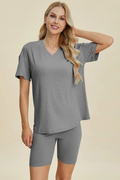 Basic Bae Full Size Ribbed V - Neck Short Sleeve Top and Shorts Set - NORIVE