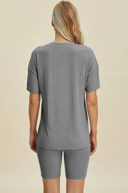 Basic Bae Full Size Ribbed V - Neck Short Sleeve Top and Shorts Set - NORIVE