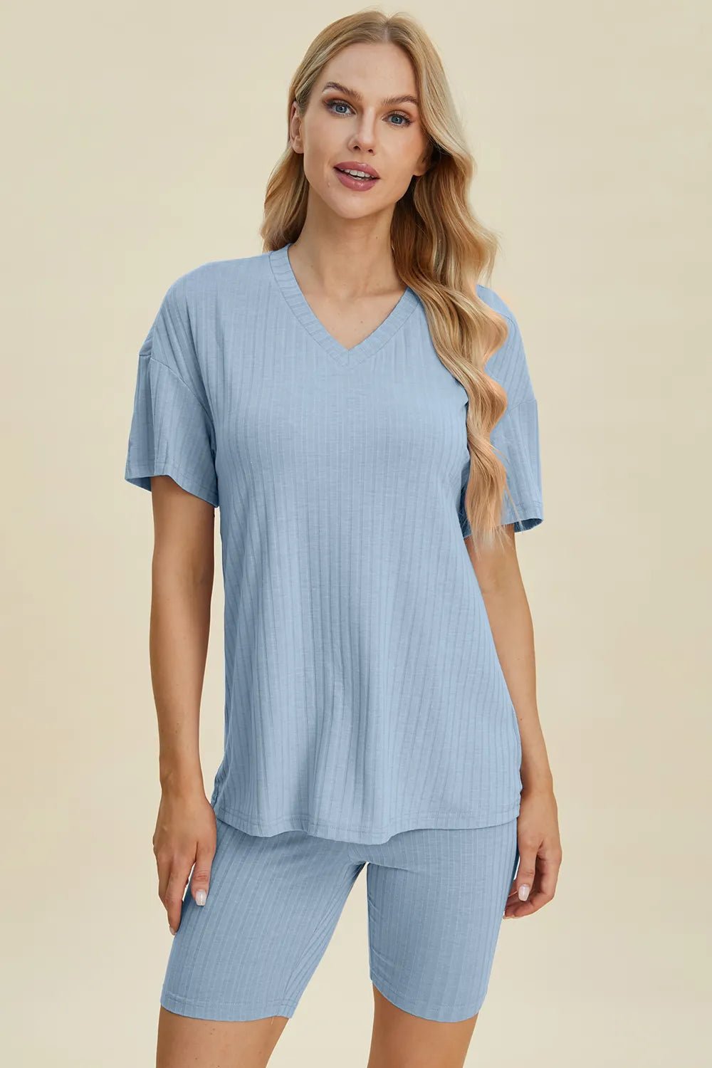 Basic Bae Full Size Ribbed V - Neck Short Sleeve Top and Shorts Set - NORIVE