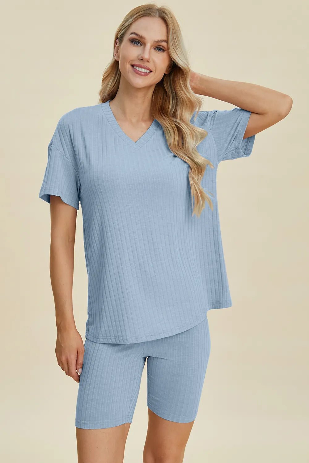 Basic Bae Full Size Ribbed V - Neck Short Sleeve Top and Shorts Set - NORIVE