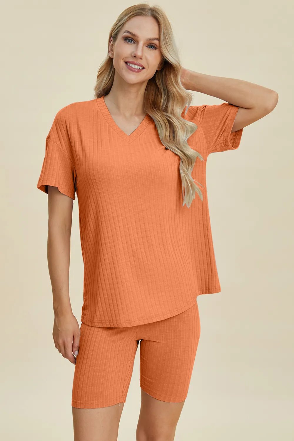 Basic Bae Full Size Ribbed V - Neck Short Sleeve Top and Shorts Set - NORIVE