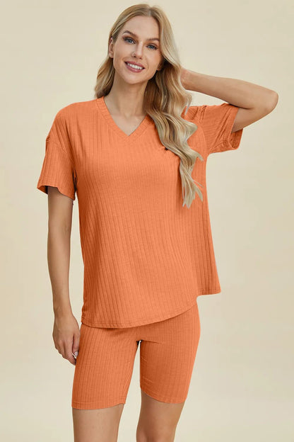 Basic Bae Full Size Ribbed V - Neck Short Sleeve Top and Shorts Set - NORIVE