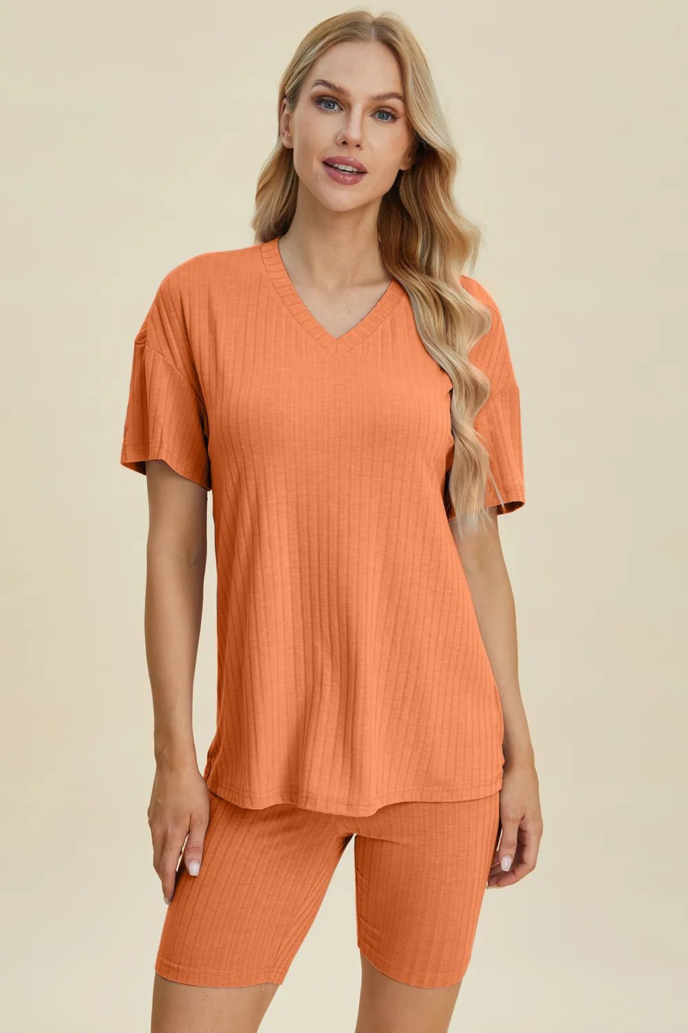 Basic Bae Full Size Ribbed V - Neck Short Sleeve Top and Shorts Set - NORIVE