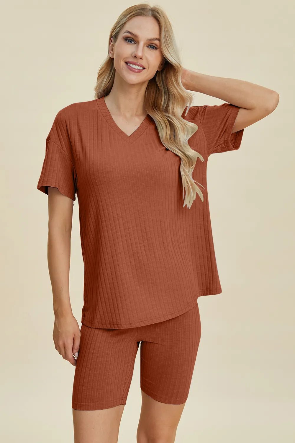 Basic Bae Full Size Ribbed V - Neck Short Sleeve Top and Shorts Set - NORIVE