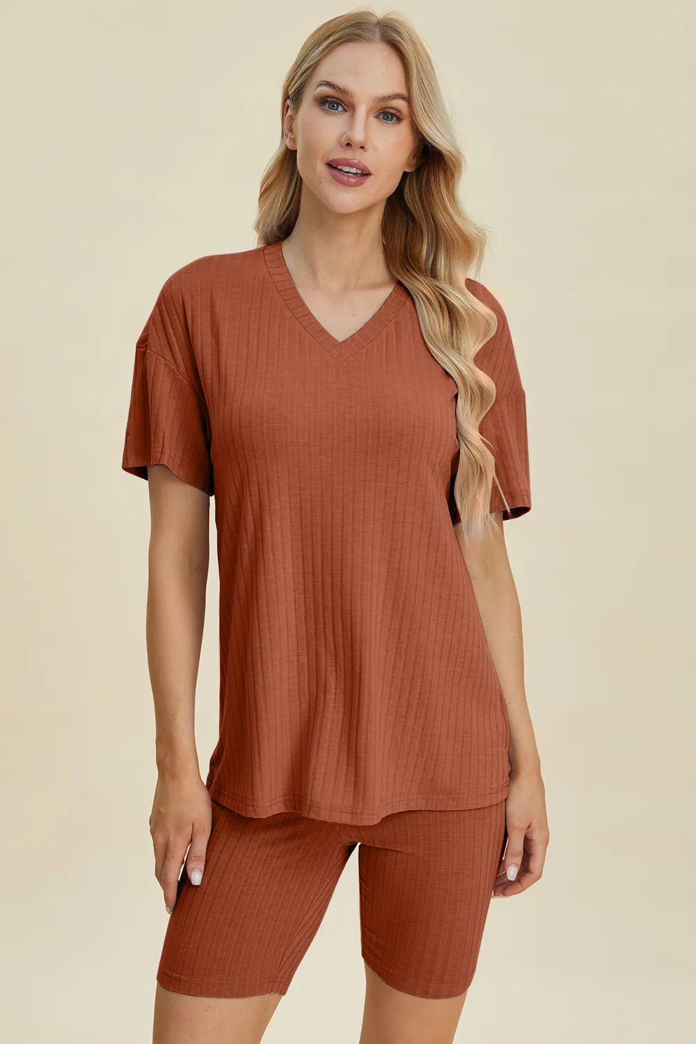Basic Bae Full Size Ribbed V - Neck Short Sleeve Top and Shorts Set - NORIVE