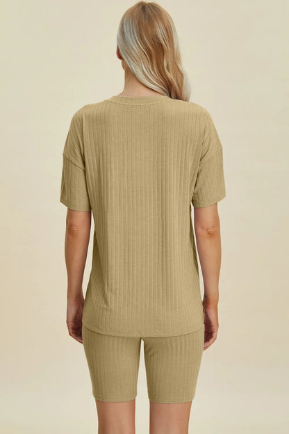 Basic Bae Full Size Ribbed V - Neck Short Sleeve Top and Shorts Set - NORIVE