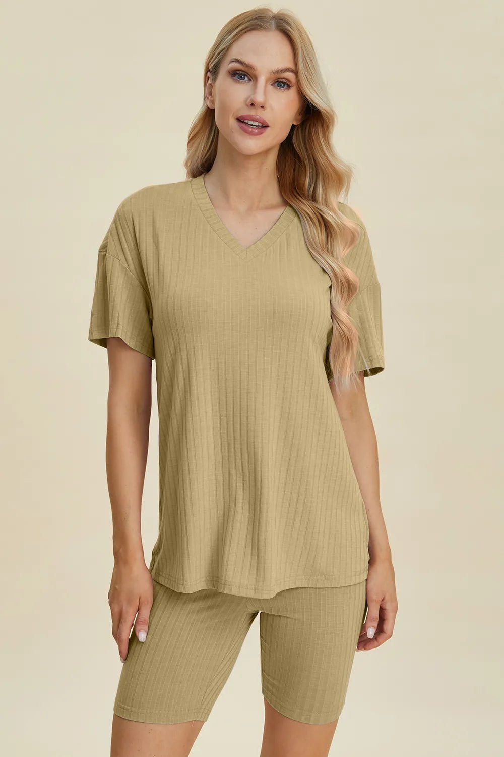 Basic Bae Full Size Ribbed V - Neck Short Sleeve Top and Shorts Set - NORIVE