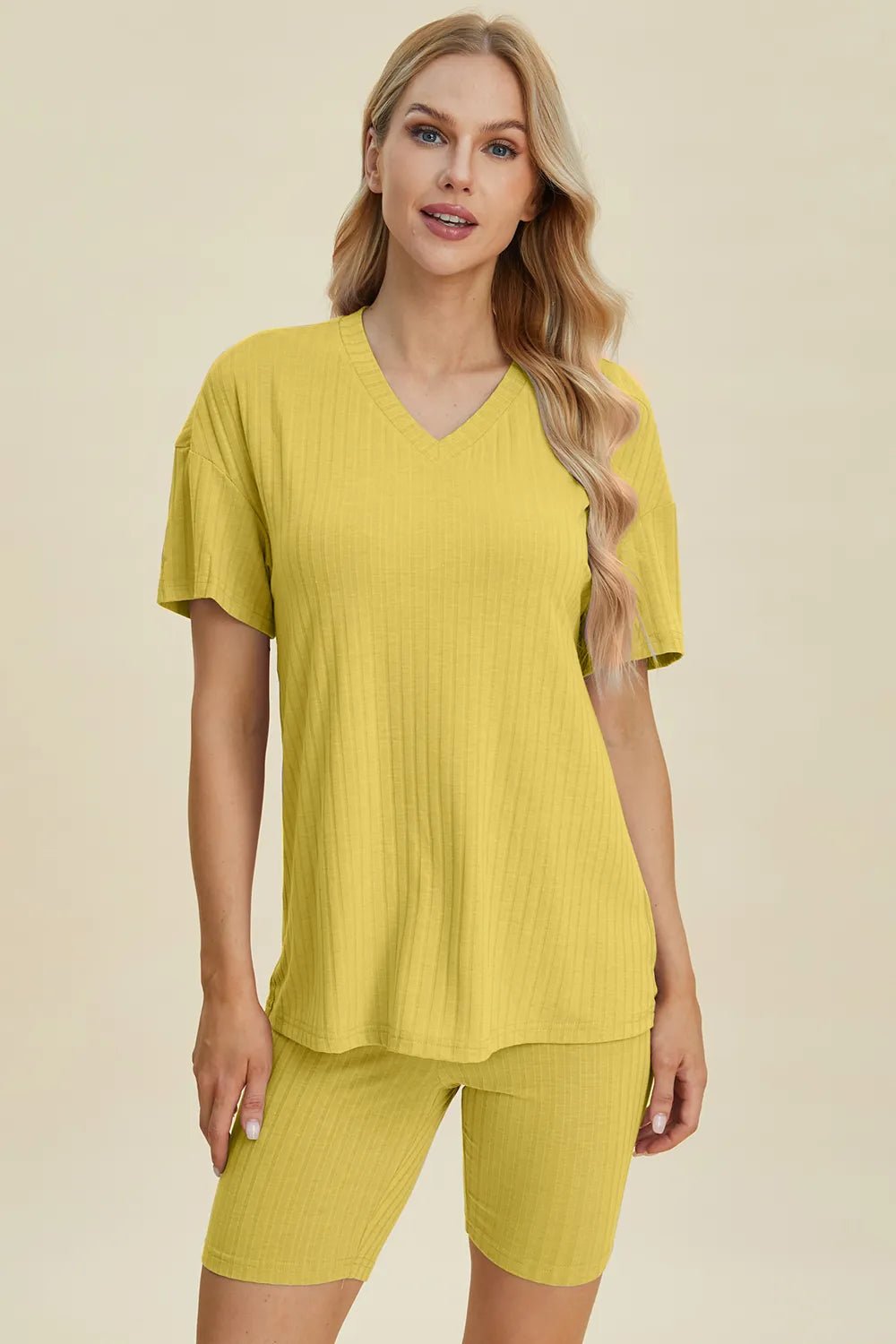 Basic Bae Full Size Ribbed V - Neck Short Sleeve Top and Shorts Set - NORIVE