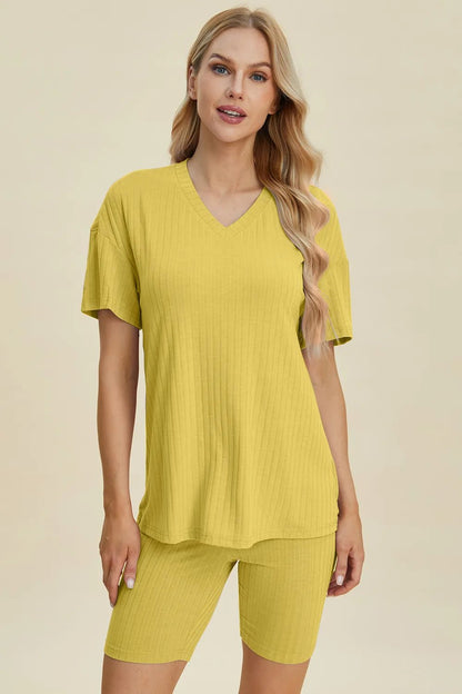 Basic Bae Full Size Ribbed V - Neck Short Sleeve Top and Shorts Set - NORIVE