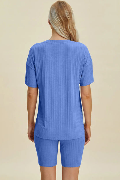 Basic Bae Full Size Ribbed V - Neck Short Sleeve Top and Shorts Set - NORIVE