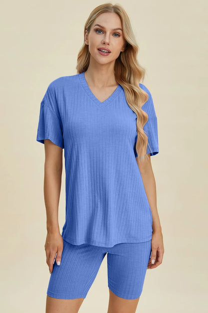 Basic Bae Full Size Ribbed V - Neck Short Sleeve Top and Shorts Set - NORIVE