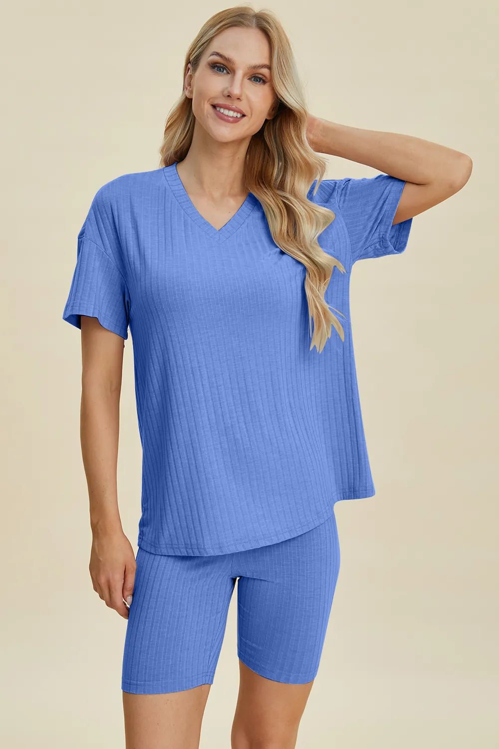 Basic Bae Full Size Ribbed V - Neck Short Sleeve Top and Shorts Set - NORIVE