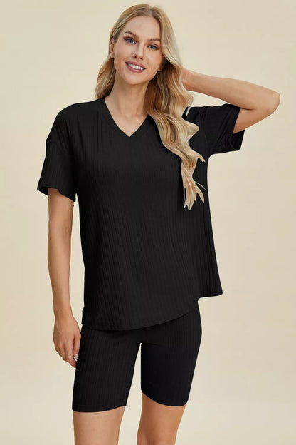 Basic Bae Full Size Ribbed V - Neck Short Sleeve Top and Shorts Set - NORIVE