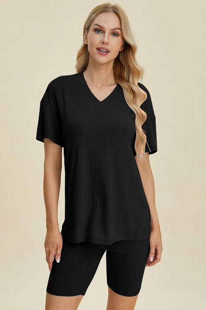 Basic Bae Full Size Ribbed V - Neck Short Sleeve Top and Shorts Set - NORIVE